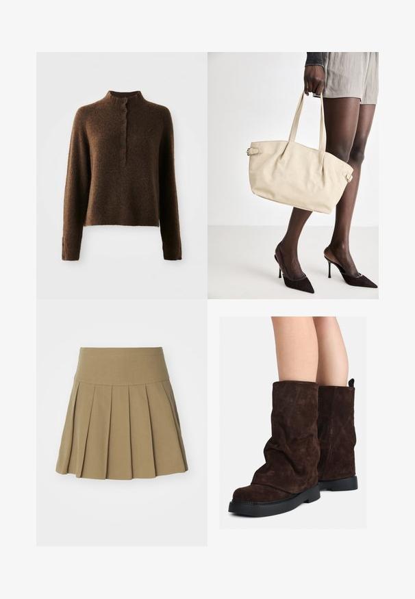 Brown fuzzy knit sweater with long sleeves, a high ribbed collar, and a button placket with six black buttons on front and cuffs.; Khaki pleated skirt with a fitted waistband, made from a smooth fabric, featuring sharp knife pleats that enhance its structured appearance.; Brown suede mid-calf boots with black rubber soles worn on bare legs, showing slight wrinkling on the boot shafts.; Beige tote bag with a smooth leather finish, structured shape, two handles, and side buckle detailing. Paired with elegant black heels.; Cream padded headband with twisted design, paired with a beige and white striped shirt featuring a round neckline. Subtle jewelry accents.