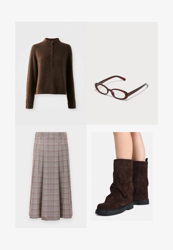Rjav puhast pleten pulover z dolgimi rokavi, visokim rebrastim ovratnikom in gumbnim zapenjanjem s šestimi črnimi gumbi spredaj in na manšetah.; Bela srajca z dolgimi rokavi in gumbom spredaj, opremljena s ovratnikom, mehko rebrasto teksturo in svetlo rumenimi gumbi.; Karirana midi krila s plisejema v rjavi in sivi barvi, izdelana iz teksturirane tkanine. Ima pas in sega do sredine tele.; Rjave gamšaste škornje do polovice teleta z črnimi gumijastimi podplati, nošene na golih nogah, s rahlim gubanjem na zgornjem delu škornjev.; Ovalno oblikovani rdeči sončna očala s prozornimi lečami in elegantnimi rjavimi okvirji. Oblikovanje vključuje subtilne krivulje in minimalno opremo.; Brah usn baga uđepi vn mišeb s dvema zgornjima ročajema, odstranljivo ramenskim trakom, zlatim okovjem in pravokotno označevalno kartico. Teksture površine.