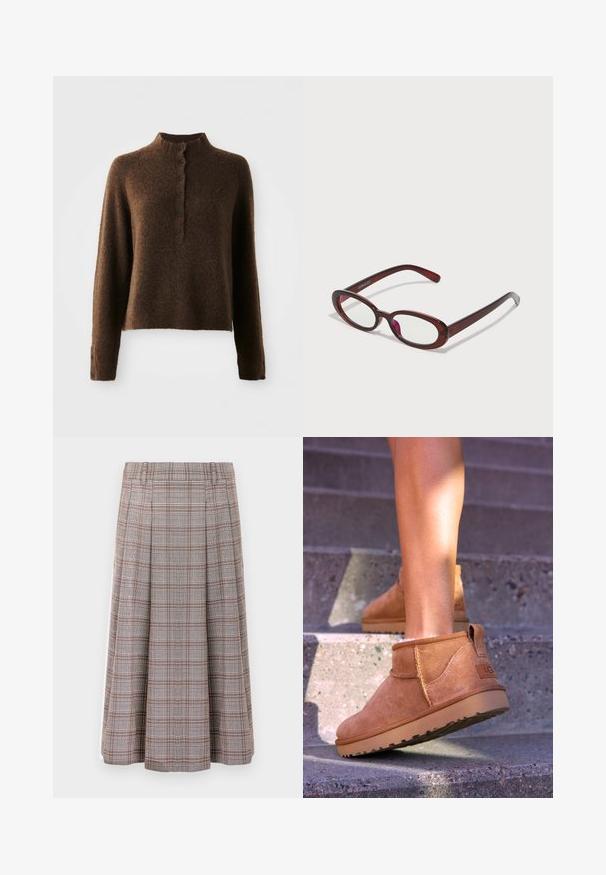 Hnědý chlupatý pletený svetr s dlouhými rukávy, vysokým žebrovým límcem a knoflíkovou lištou se šesti černými knoflíky na přední části a manžetách.; Bílé košile s dlouhým rukávem a předním zapínáním na knoflíky, s límečkem, měkkou žebrovanou texturou a světle žlutými knoflíky.; Plisovaná midi sukně v hnědém a šedém kostkovaném vzoru, vyrobená z texturované látky. Má pásek v pase a sahá do poloviny lýtek.; Světlé semišové kotníkové boty s měkkou strukturou, prošívanými detaily a gumovou podrážkou, s okrouhlým podpatkem pro snadné obouvání.; Ovalo tvarované červené sluneční brýle s průhlednými skly a elegantními hnědými rámy. Design má jemné křivky a minimální hardware.; Hnědá kožená taška na cesty s dvěma horními uchy, odnímatelným ramenním popruhem, zlatými kovovými doplňky a obdélníkovým štítkem na zavazadla. Texturovaný povrch.