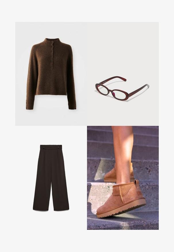 Brown fuzzy knit sweater with long sleeves, a high ribbed collar, and a button placket with six black buttons on front and cuffs.; White long-sleeve shirt with a button-up front, featuring a collar, soft ribbed texture, and light yellow buttons.; Wide-leg trousers in dark brown fabric, featuring a high waistband, two front pockets, and two front buttons for closure. Smooth texture.; Tan suede ankle boots with a soft texture, stitched detailing, and a rubber sole, featuring a looped heel for easy wear.; Oval-shaped red sunglasses with clear lenses and sleek brown frames. The design features subtle curves and minimal hardware.; Brown leather duffle bag with two top handles, a removable shoulder strap, gold hardware, and a rectangular luggage tag. Textured surface.