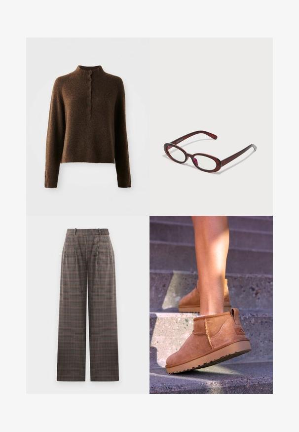 Brown fuzzy knit sweater with long sleeves, a high ribbed collar, and a button placket with six black buttons on front and cuffs.; White long-sleeve shirt with a button-up front, featuring a collar, soft ribbed texture, and light yellow buttons.; Plaid trousers with wide-leg design, featuring pleats, a high waist, and a mix of brown, black, and light blue colors.; Tan suede ankle boots with a soft texture, stitched detailing, and a rubber sole, featuring a looped heel for easy wear.; Oval-shaped red sunglasses with clear lenses and sleek brown frames. The design features subtle curves and minimal hardware.; Brown leather duffle bag with two top handles, a removable shoulder strap, gold hardware, and a rectangular luggage tag. Textured surface.
