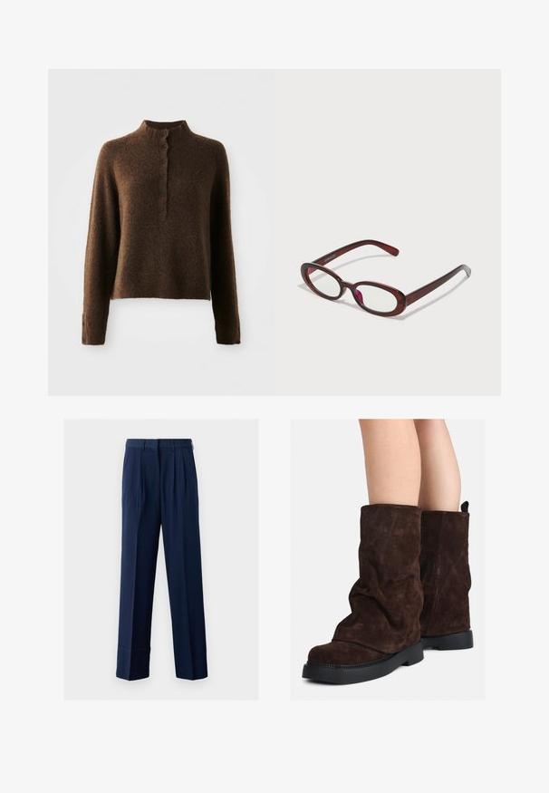 Ruskea pörröinen neulepaita, jossa on pitkät hihat, korkea ribbireuna ja nappilista, jossa on kuusi mustaa nappia edessä ja hihoissa.; Valkoinen pitkähihaiseen paita, jossa on napitettava etuosa, kaulus, pehmeä ribbikuvio ja vaaleankeltaiset napit.; Tummansininen räätälöity housut, joissa on pleatit, suorat lahkeet ja kevyestä kankaasta valmistettu. Varustettu vyötäröllä, jossa on vyölenkit.; Brown suede saapaat keskimittaisilla varrella, mustilla kumipohjilla, käytettyinä paljailla jaloilla, joissa on havaittavissa kevyitä ryppyjä saappaiden varrella.; Punaiset aurinkolasit, joissa on ovaalimuoto, kirkkaat linssit ja tyylikkäät ruskeat kehykset. Muotoilussa on hienovaraisia kaaria ja vähäisesti kiinnikkeitä.