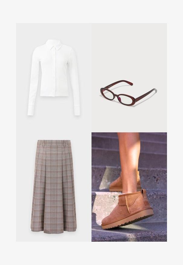 Brown fuzzy knit sweater with long sleeves, a high ribbed collar, and a button placket with six black buttons on front and cuffs.; White long-sleeve shirt with a button-up front, featuring a collar, soft ribbed texture, and light yellow buttons.; Pleated midi skirt in a brown and grey check pattern, made from a textured fabric. Features a waistband and falls to the mid-calf.; Tan suede ankle boots with a soft texture, stitched detailing, and a rubber sole, featuring a looped heel for easy wear.; Oval-shaped red sunglasses with clear lenses and sleek brown frames. The design features subtle curves and minimal hardware.; Brown leather duffle bag with two top handles, a removable shoulder strap, gold hardware, and a rectangular luggage tag. Textured surface.