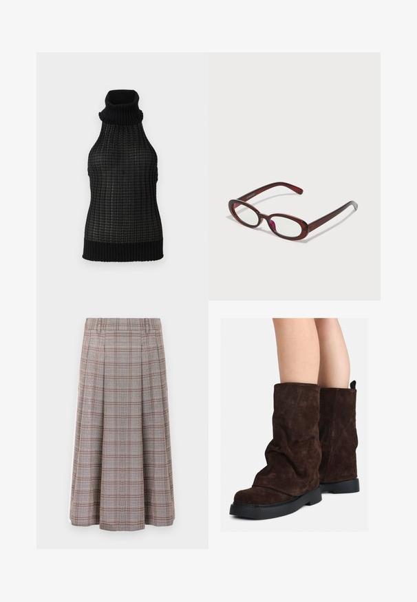 Brown fuzzy knit sweater with long sleeves, a high ribbed collar, and a button placket with six black buttons on front and cuffs.; Black sleeveless turtleneck top featuring a textured grid pattern and ribbed edges. Made from a lightweight material, with a fitted design.; Pleated midi skirt in a brown and grey check pattern, made from a textured fabric. Features a waistband and falls to the mid-calf.; Brown suede mid-calf boots with black rubber soles worn on bare legs, showing slight wrinkling on the boot shafts.; Oval-shaped red sunglasses with clear lenses and sleek brown frames. The design features subtle curves and minimal hardware.; Brown leather duffle bag with two top handles, a removable shoulder strap, gold hardware, and a rectangular luggage tag. Textured surface.