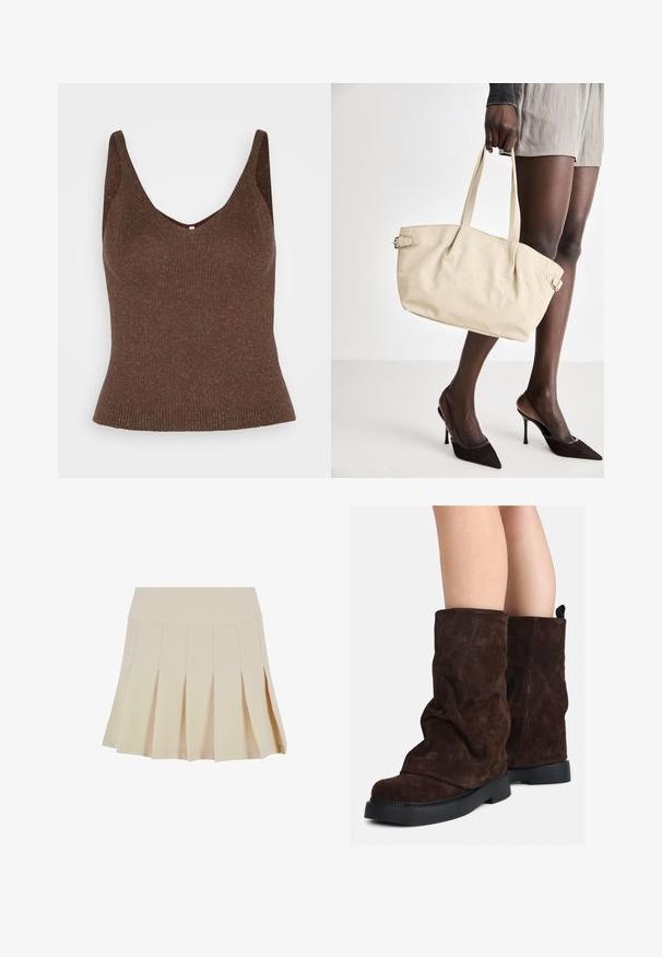 Maglione marrone in filato morbido con maniche lunghe, colletto alto a costine e una fila di sei bottoni neri sulla parte anteriore e sui polsini.; ONLY ONLLINA - Top - chocolate brown; Gonna beige a pieghe con vita aderente, realizzata in un tessuto morbido. Presenta diverse pieghe verticali e un orlo dritto.; Stivali in suede marrone a metà polpaccio con suole in gomma nera indossati su gambe nude, mostrano lievi pieghe sulla parte superiore degli stivali.; Borsa a tracolla beige con una finitura in pelle liscia, forma strutturata, due manici e dettagli a scatto laterali. Abbinata a eleganti tacchi neri.