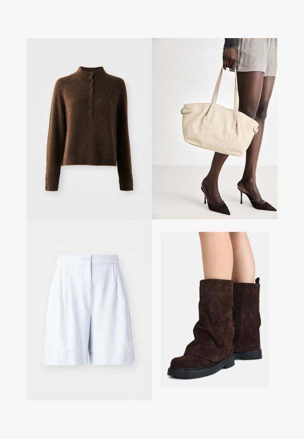 Rudas pūkuotas megztinis su ilgomis rankovėmis, aukštu raukšlėtu apykakle ir sagų plokšte, kurioje priekyje ir ant rankovių yra šešios juodos sagos.; Šviesiai mėlyni linijiniai šortai su pritaikytu siluetu, raukšlėta priekyje, mygtukų uždarymu ir šoninėmis kišenėmis. Lygus paviršius ir vidutinio ilgio iki šlaunų.; Rudi od suede iki blauzdų aukščio, su juodais gumos padais, dėvimi ant nuogų kojų, rodo lengvą raukšlių susidarymą ant batų šonų.; Kreminė rankinė su lygiu odiniu paviršiumi, išplanuota forma, dviem rankenomis ir šoninėmis sagtimis. Sujungta su elegantiškais juodais aukštakulniais batais.; Kremo spalvos paminkštinta galvos juosta su suktiniu dizainu, derinama su smėlio ir baltos spalvos juostelėmis marškiniais, turinčiais apvalų iškirpimą. Subtilūs papuošalų akcentai.