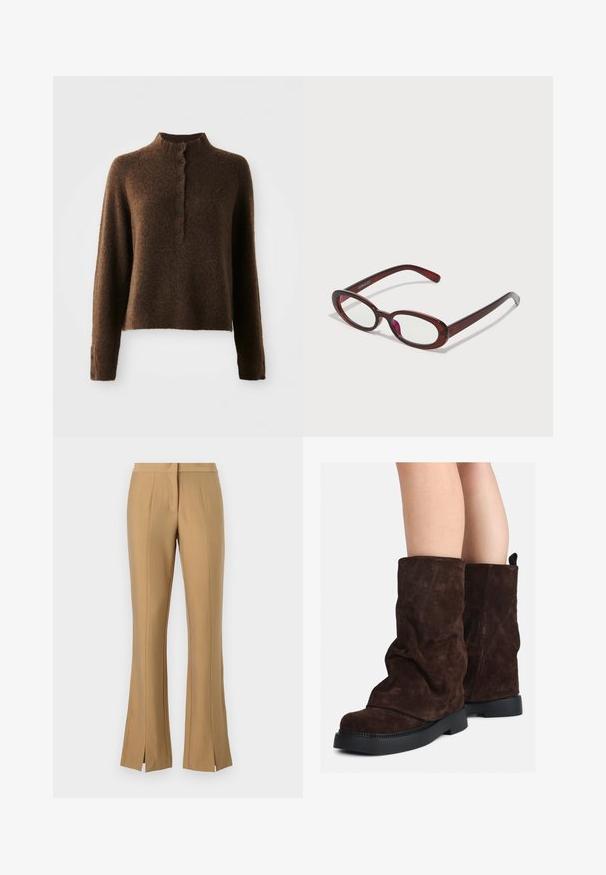 Maglione marrone in filato morbido con maniche lunghe, colletto alto a costine e una fila di sei bottoni neri sulla parte anteriore e sui polsini.; Pantaloni beige a palazzo con fessure frontali, realizzati in tessuto liscio. Presentano una vita piatta e dettagli in piega netti che scendono lungo le gambe.; Stivali in suede marrone a metà polpaccio con suole in gomma nera indossati su gambe nude, mostrano lievi pieghe sulla parte superiore degli stivali.; Occhiali da sole rotondi di colore rosso con lenti trasparenti e montatura marrone elegante. Il design presenta curve sottili e hardware minimale.