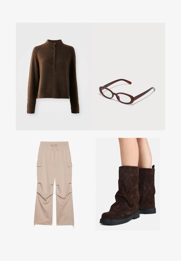 Brun ullen genser med lange ermer, høy ribbestrikket krage og en knappestolpe med seks svarte knapper foran og på ermene.; Beige cargo bukser med elastisk talje, snørebånd, to sidelommer og lynlåser på buksebenene, laget av mykt, teksturert stoff.; Brune suedestøvler til midt på leggen med sorte gummisåler, båret på nakne legger, som viser lett rynking på støvelskaftene.; Ovale røde solbriller med klare linser og slanke brune rammer. Designet har subtile kurver og minimalt med utstyr.
