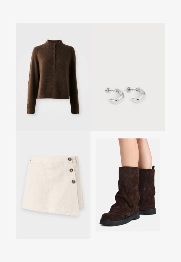 Brūns pūkains adīts džemperis ar garām piedurknēm, augstu ribota apkakle un pogu plāksteris ar sešām melnām pogām priekšā un pie piedurknēm.; Beige lina svārki ar apvīšanas dizainu, ar trim brūniem pogām sānos un nedaudz teksturētu auduma apdari.; Brūni zamšādas puszābaki līdz teļiem ar melnām gumijas zālēm uz atklātām kājām, ar vieglu krokām uz zābaku kājām.; Sudraba gredzena auskari ar gludu, pulētu apdari. Apaļa forma ar nedaudz izliekta dizaina un sajauktām malām. Ar tapu aizdari.