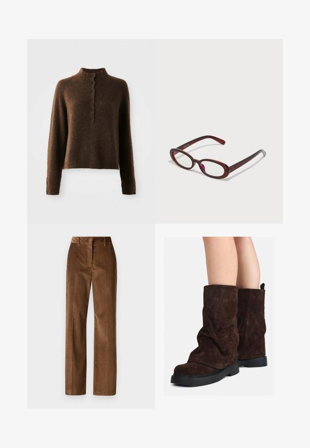 Bruine donzige gebreide trui met lange mouwen, een hoge ribbelkraag en een knoopsluiting met zes zwarte knopen aan de voorkant en bij de manchetten.; WEEKEND MaxMara TANIA - Broek - nocciola; Bruine suède laarzen tot halverwege het been met zwarte rubberen zolen, gedragen op blote benen, met een lichte rimpeling op de schacht van de laarzen.; Ovaalvormige rode zonnenbril met heldere lenzen en slanke bruine montuur. Het ontwerp heeft subtiele rondingen en minimale hardware.