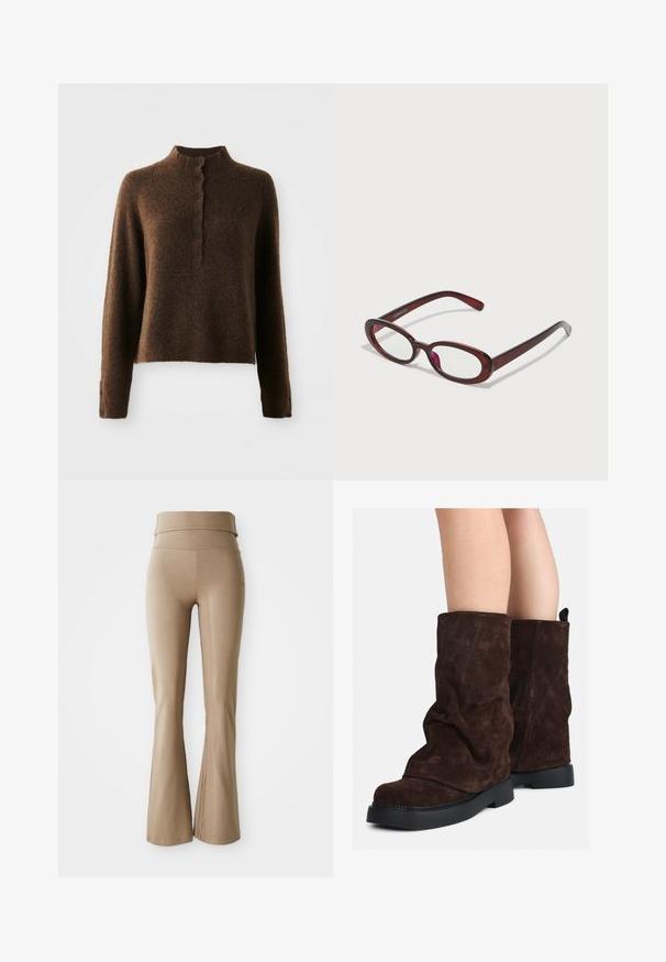 Maglione marrone in filato morbido con maniche lunghe, colletto alto a costine e una fila di sei bottoni neri sulla parte anteriore e sui polsini.; Leggings beige a palazzo realizzati in tessuto elastico; presentano una cintura larga e pieghevole e dettagli di cuciture sottili. Texture liscia, design aderente.; Stivali in suede marrone a metà polpaccio con suole in gomma nera indossati su gambe nude, mostrano lievi pieghe sulla parte superiore degli stivali.; Occhiali da sole rotondi di colore rosso con lenti trasparenti e montatura marrone elegante. Il design presenta curve sottili e hardware minimale.; Borsa a tracolla beige con una finitura in pelle liscia, forma strutturata, due manici e dettagli a scatto laterali. Abbinata a eleganti tacchi neri.