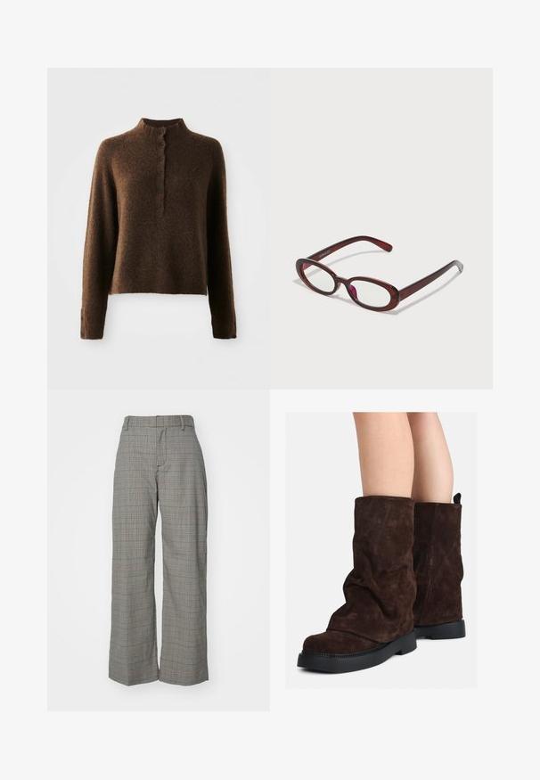 Barna bolyhos kötött pulóver hosszú ujjakkal, magas bordás gallérral, valamint elől és a mandzsettákon hat fekete gombbal ellátott gombolással.; Szürke kockás, bő szárú nadrág, szabott fazonnal, magas derékkal, egyetlen elülső redővel és sima szövettextúrával.; Barna velúr, középig érő csizmák fekete gumitalppal, mezítláb viselve, a csizma szárán enyhe gyűrődések láthatók.; Ovális alakú piros napszemüveg átlátszó lencsékkel és karcsú barna kerettel. A dizájn diszkrét íveket és minimális szerelvényeket mutat.