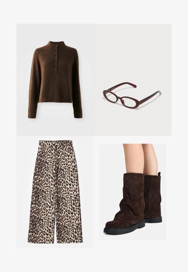 Brown fuzzy knit sweater with long sleeves, a high ribbed collar, and a button placket with six black buttons on front and cuffs.; Leopard print wide-leg trousers made of cotton blend. Features a high waist, button closure, and front pockets. Color palette includes beige and black.; Brown suede mid-calf boots with black rubber soles worn on bare legs, showing slight wrinkling on the boot shafts.; Oval-shaped red sunglasses with clear lenses and sleek brown frames. The design features subtle curves and minimal hardware.