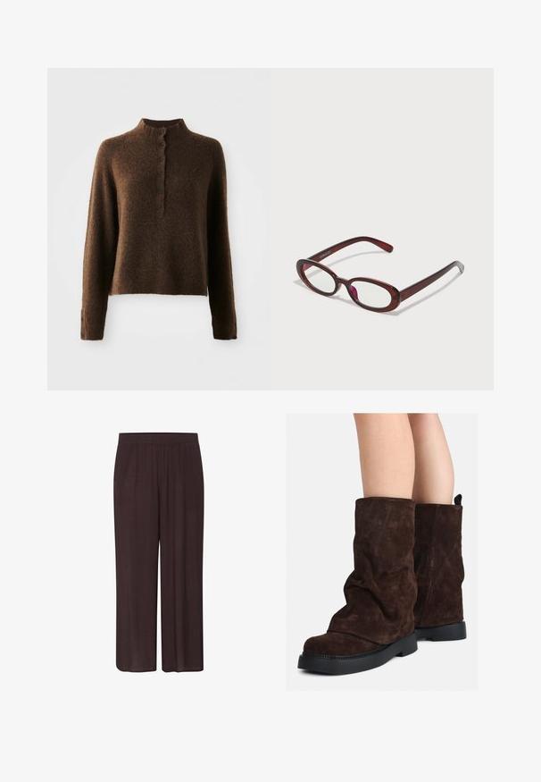 Brown fuzzy knit sweater with long sleeves, a high ribbed collar, and a button placket with six black buttons on front and cuffs.; Dark brown wide-leg pants featuring a textured fabric, an elastic waistband, and a relaxed silhouette with no visible patterns or accents.; Brown suede mid-calf boots with black rubber soles worn on bare legs, showing slight wrinkling on the boot shafts.; Oval-shaped red sunglasses with clear lenses and sleek brown frames. The design features subtle curves and minimal hardware.
