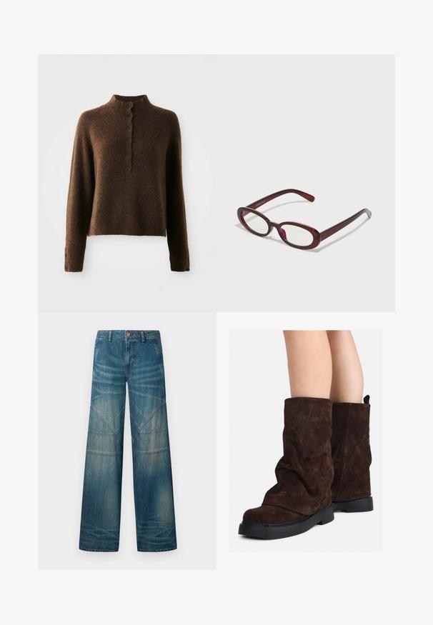 Brun fuzzy striktrøje med lange ærmer, en høj ribbet krave og en knaplukning med seks sorte knapper foran og på manchetterne.; Bredde ben denimjeans i mellemblå, med en falmet finish, patchwork-sømme og et klassisk fem-lommers design med knaplukning.; Brune ruskind støvler til midt på læggen med sorte gummisåler, båret på bar ben, med let rynkning på støvleskaftet.; Ovale røde solbriller med klare linser og slanke brune stel. Designet har subtile kurver og minimalt hardware.
