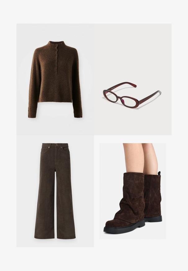 Barna bolyhos kötött pulóver hosszú ujjakkal, magas bordás gallérral, valamint elől és a mandzsettákon hat fekete gombbal ellátott gombolással.; Sötétbarna, széles lábú kordbársony nadrág elülső zsebekkel, övbújtatókkal és gombos záródással a derékrésznél.; Barna velúr, középig érő csizmák fekete gumitalppal, mezítláb viselve, a csizma szárán enyhe gyűrődések láthatók.; Ovális alakú piros napszemüveg átlátszó lencsékkel és karcsú barna kerettel. A dizájn diszkrét íveket és minimális szerelvényeket mutat.