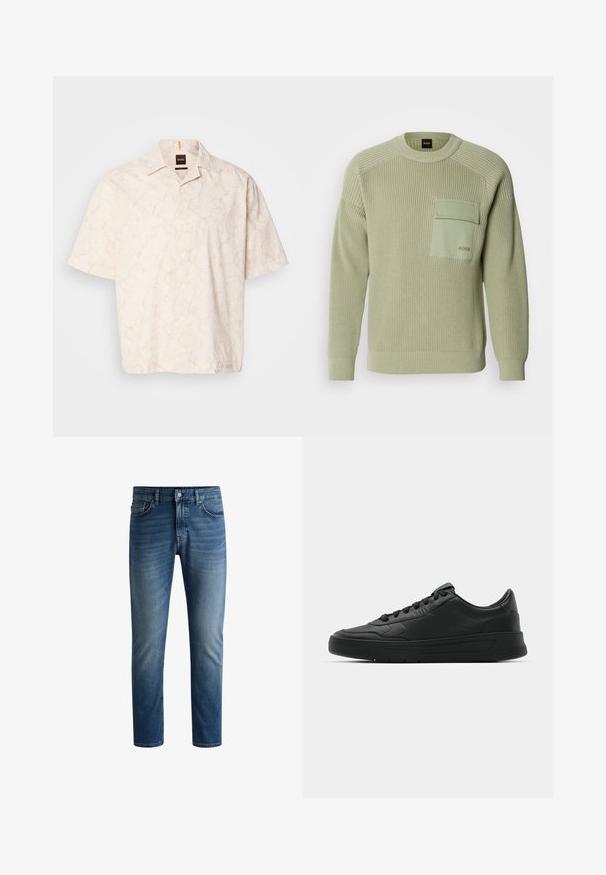 Svetlozeleno pleteno pulover s rebrasto teksturo, okroglo izrezano in s sprednjim žepom. Vsebuje blagovno znamko na žepu in oprijete manšete.; Kratke rukave, z gumbi zapeta srajca v svetli bež barvi z rahlim marmoriranim vzorcem, narejena iz gladkega materiala, s klasičnim ovratnikom in oznako na prsih.; Temno modre jeans hlače s ravnim krojem, petimi žepi, svetlim bledenjem na stegnih in enojnim gumbom za zapiranje na pasu.; Črne superge z gladkim usnjenim zgornjim delom, okroglo konico, ravnimi vezalkami, oblazinjeno ovratnikom in minimalističnim dizajnom. Gumijast podplat z diskretnim profilom.
