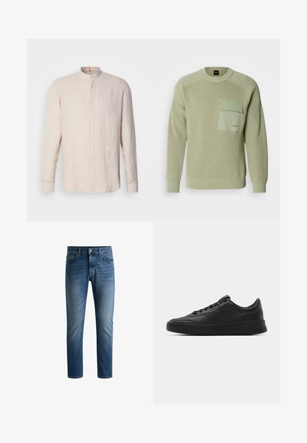 Šviesiai žalia megzta suknelė su iškilniu raštu, apvaliu kaklu ir priekinėmis kišenėmis. Kišenėje yra logotipas, o rankogaliai priglunda.; Šviesiai bežinė lino ilgomis rankovėmis marškiniai su juostos apykakle, priekyje užsegami sagomis ir subtiliu tekstūrų. Yra oranžinė akcentų detalė ant iškirptės.; Tamsiai mėlynos džinsinės kelnės su tiesiu puošu, penkių kišenių dizainu, šviesiu blukimu šlaunų srityje ir vienu mygtuko užsegimu liemens srityje.; Juodi sportiniai batai su lygia odine viršutine dalimi, apvaliu pirštu, plokščiomis raišteliais, pagaminta su paminkštinta apykakle ir minimalizmo dizainu. Guma padais su subtilia protektoriaus raštu.