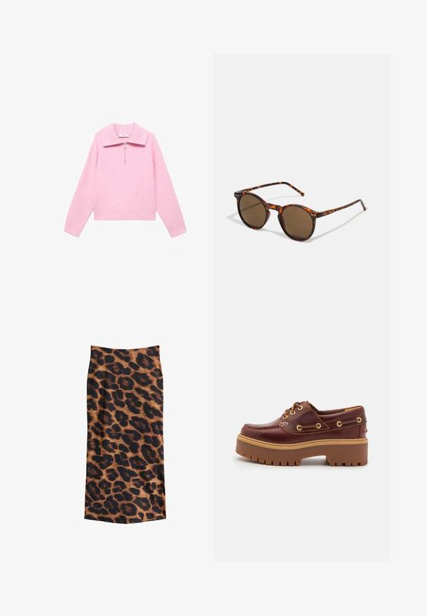 Sudadera corta rosa con cuello alto y media cremallera en la parte delantera. Presenta mangas largas y una textura suave y lisa. Sin patrones ni acentos presentes.; Falda de estampado de leopardo con un patrón marrón y negro, textura suave, diseño hasta el tobillo y una silueta ajustada.; Zapato de barco de cuero marrón con una suela de goma marrón gruesa, ojales dorados y costuras de contraste. Presenta un logo en el lado.; Gafas de sol redondas con montura de Carey's y lentes marrones. Presentan patillas delgadas con ligera textura y acentos metálicos cerca de los lentes.