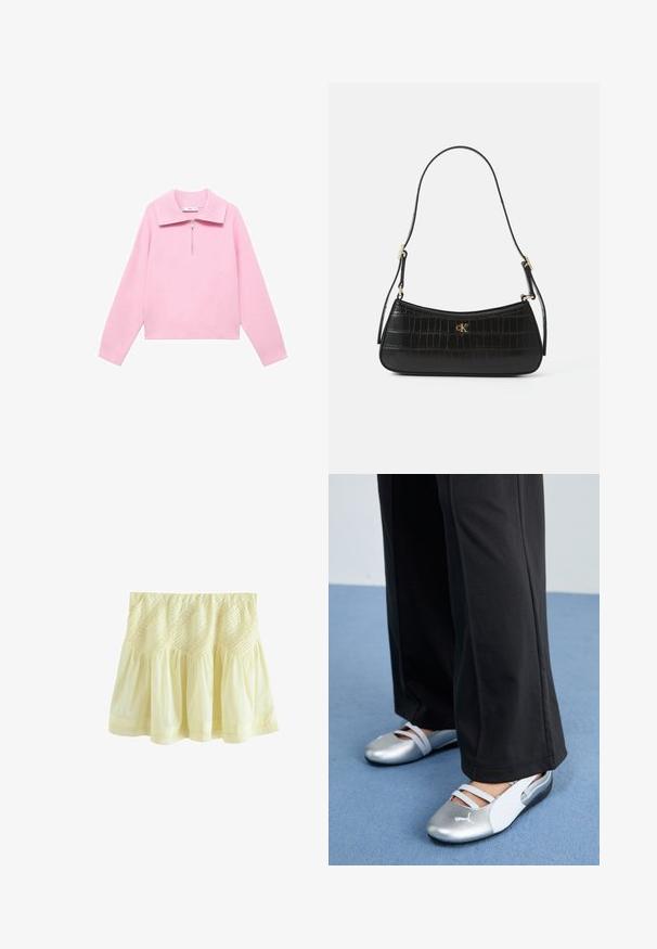 Rosa verkürzter Pullover mit einem hohen Kragen und einem halben Reißverschluss an der Vorderseite. Verfügt über lange Ärmel und eine glatte, weiche Textur. Keine Muster oder Akzente vorhanden.; Gelber, gestufter Rock aus leichtem Stoff. Verfügt über eine geraffte Textur und dekorative Nähte entlang des Taillenbunds und des Saums.; Silberne und weiße flache Schuhe mit überkreuzten Riemen und strukturierten Details, ergänzt durch lockere schwarze Hosen. Vor einem blauen Boden.; Schwarze Lederhandtasche mit Krokodilstruktur, schlanker Form und goldenen Hardwareelementen. Verfügt über einen einzelnen Schulterriemen und ein geprägtes Logo-Detail.