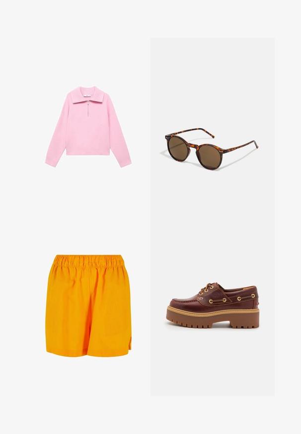 Pink cropped sweatshirt with a high collar and half-zip front. Features long sleeves and a smooth, soft texture. No patterns or accents present.; Orange cotton shorts with an elastic waistband, featuring a loose fit and a simple, unembellished design.; Brown leather boat shoe with a chunky brown rubber sole, gold eyelets, and contrast stitching. Features a logo on the side.; Round sunglasses with tortoiseshell frame and brown lenses. Features thin temples with slight texture and metal accents near the lenses.