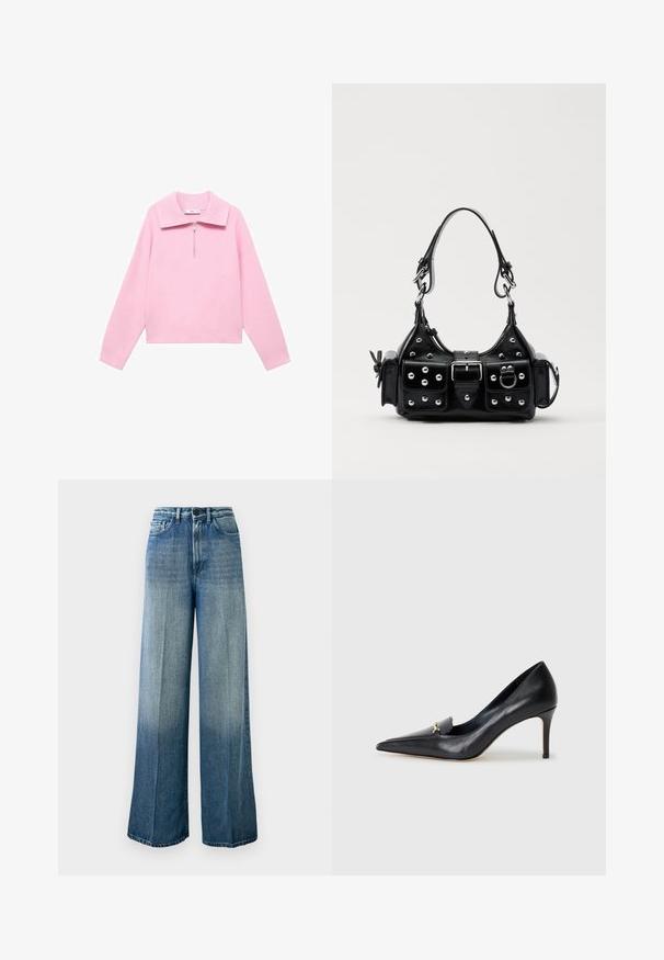 Pink cropped sweatshirt with a high collar and half-zip front. Features long sleeves and a smooth, soft texture. No patterns or accents present.; Light blue, wide-leg jeans made of denim. Features a high waist, classic five-pocket design, and a faded gradient from dark to light.; Black leather pump with a pointed toe, low-cut vamp, and a decorative gold accent. Features a stiletto heel and smooth texture.; Black leather handbag with a curved design, featuring silver studs, a buckle, and two side pockets. Adjustable strap for carrying options.