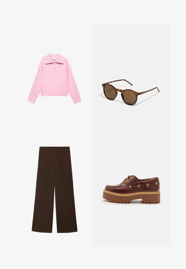 Roze cropped sweatshirt met een hoge kraag en een halve rits aan de voorkant. Beschikt over lange mouwen en een gladde, zachte textuur. Geen patronen of accenten aanwezig.; Wijdvallende broek gemaakt van een gladde, donkerbruine stof. Kenmerkt zich door een hoge tailleband en een minimalistisch ontwerp zonder versieringen.; Bruine leren botenschoenen met een stevige bruine rubberen zool, gouden ogen en contraststiksels. Heeft een logo aan de zijkant.; Ronde zonnebril met een schildpadprint frame en bruine lenzen. Bevat dunne pootjes met een lichte textuur en metalen accenten bij de lenzen.
