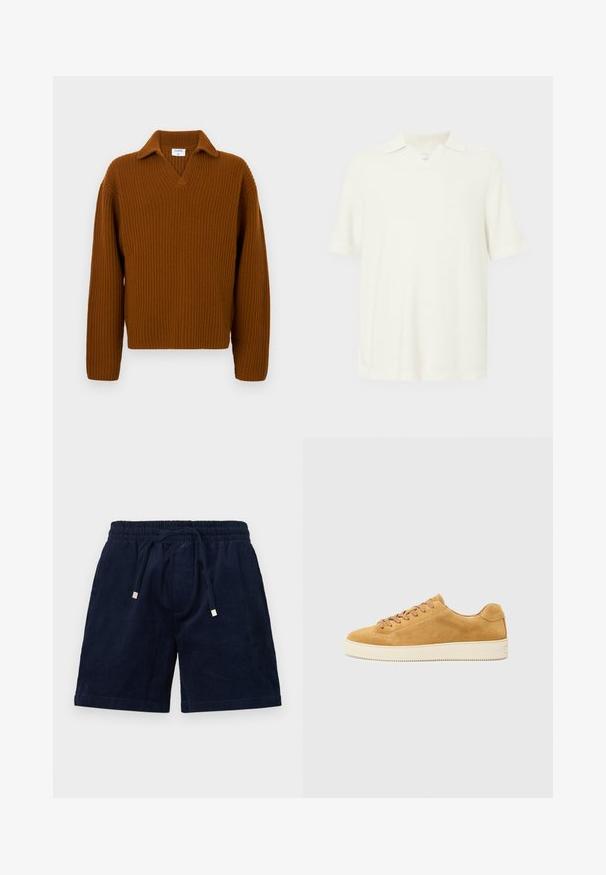 Rjav rebrast pulover z V-izrezom in ovratnikom, dolge rokave in sproščen kroj. Teksturirana tkanina povečuje vizualno zanimivost.; Polo majica s kratkimi rokavi, svetlo kremne barve, izdelana iz teksturiranega materiala, z v-izrezom in klasičnim ovratnikom.; Mornarske kordne kratke hlače z elastičnim pasom, nastavljivim vrvico in zlatimi kovinskimi konicami. Imajo mehak otip in ravno krojenje.; Bež suede tenisice z nizkim profilom, okroglo toe in vezalkami na sprednji strani. Kremna gumijasta podplat z rahlo teksturo in minimalnimi detajli.