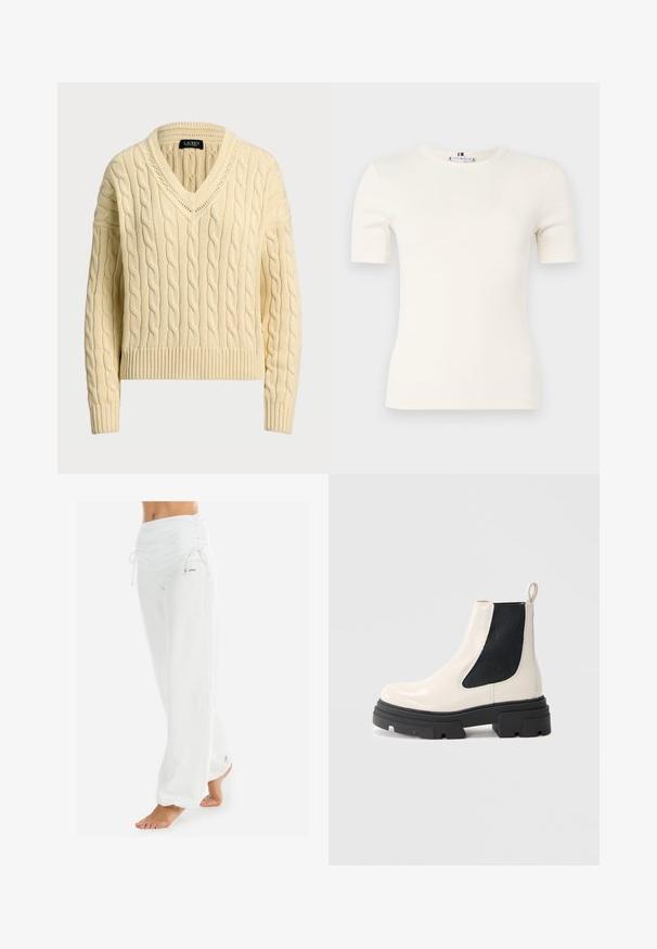 Kreminė kabelių mezgimo džemperis, su V formos iškirpte ir gumuotais rankogaliais. Trumpesnė, su tekstūriniais raštais ir prigludusia siluetu.; Ribota trumpa rankovė t-shirt grietinėlės spalvos, su apvalia iškirpte ir prigludusia forma. Minkšta tekstilė su lygiu paviršiumi.; Baltos, laisvai krentančios kelnės su surinkta juosmens juosta ir raišteliu. Lygus audinys su šoninėmis siūlėmis, sukurtos patogumui ir judėjimui.; Kreminės odos Chelsea botai su masyvia juoda padu ir juodą elastinę šoninę dalį prieš baltą foną.