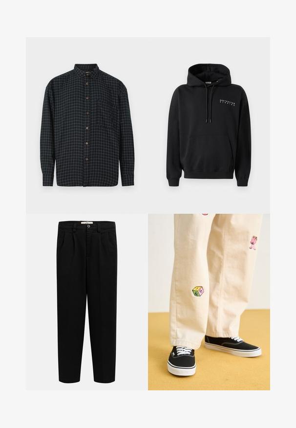 Schwarzer Hoodie mit einer vorderen Kängurutasche, Kapuze mit Kordelzug und dem Aufdruck "ABSTRACTED STUDIOS" in Weiß auf der Brust. Pullover-Design.; Schwarzes langärmliges Hemd mit Knopfleiste, weißen Karomuster, Brusttasche und braunen Knöpfen auf weißem Hintergrund.; Schwarze, gerade geschnittene Hose mit hohem Bund, Gürtelschlaufen, vorderen Falten, Seitentaschen und einem Knopfverschluss am Bund.; Beige Baumwollhosen mit verspielten, gestickten Motiven, darunter eine pinke Figur und bunte Blöcke, kombiniert mit schwarzen Schnürsneakern.