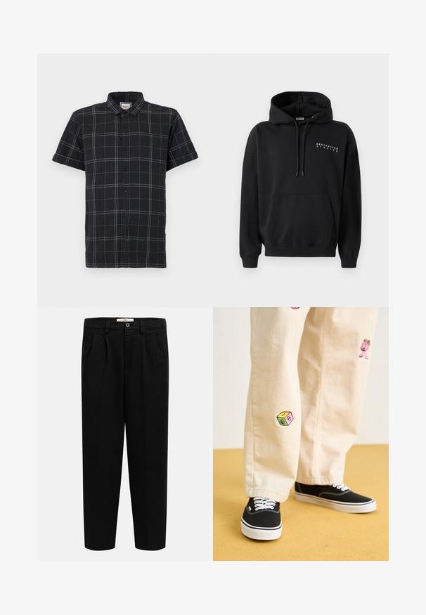 Melna kapuce ar priekšējo kangaroo kabatu, ar auklu regulējamu kapuci un "ABSTRACTED STUDIOS" apdruku baltā krāsā uz krūšu. Velkamā konstrukcija.; Melna īsām piedurknēm pogājama krekla ar teksturētu audumu, ar baltu režģi un norādītu apkakli.; Melnas augsta vidukļa taisnas bikses ar jostas cilpām, priekšējām krokām, sānu kabatām un pogu aizdari pie jostasvietas.; Beige kokvilnas bikses ar rotaļīgiem izšūtiem dizainiem, tostarp rozā raksturs un krāsains bloks, saskaņotas ar melniem kurpēm ar auklām.