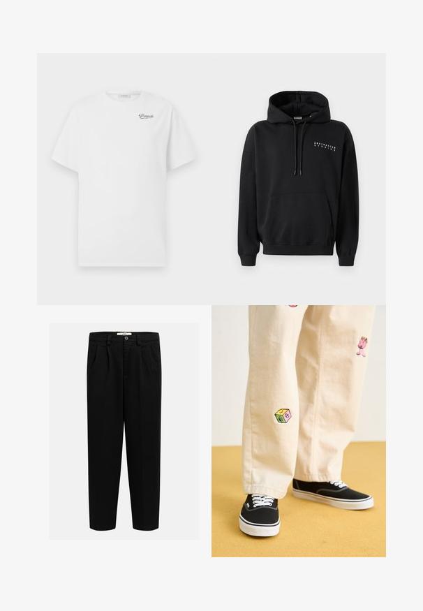 Černá mikina s kapucí a přední kapsou ve stylu klokaní, s šňůrkou na kapuci a potiskem "ABSTRACTED STUDIOS" v bílé barvě na prsou. Design na přes hlavu.; Bílý bavlněný tričko s krátkým rukávem a kulatým výstřihem, na levé straně hrudi s černým logem "Pompeii". Měkká, hladká textura.; Černé kalhoty vyrobené z měkké tkaniny, s rovným střihem nohavic, předními záhyby a knoflíkovým zapínáním v pase.; Béžové bavlněné kalhoty s hravými vyšívanými vzory, včetně růžové postavičky a barevného bloku, v kombinaci s černými šněrovacími teniskami.
