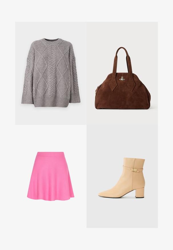 JDY JDYSILJA LONG CABLE - Strickpullover - december sky melange; Rosa Strickrock mit einem taillierten Bund und schwingendem Design, aus weichem Material gefertigt, das eine glatte Textur verleiht.; Beige Leder Stiefelette mit spitzer Zehe, klobigem Absatz und einem dekorativen Knöchelriemen mit goldfarbigem Schnallendetail.; Braune Wildleder-Handtasche mit strukturiertem Design, abgerundeter Form und länglichen, diamantförmigen Griffen. Mit einem silbernen Metallverschluss ausgestattet.