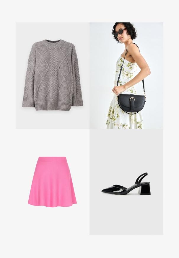 JDY JDYSILJA LONG CABLE - Džemperis - december sky melange; Rozā adīta svārki ar pieguļošu jostasvietu un paplatinātu dizainu, izgatavoti no mīkstas auduma, kas piešķir gludu tekstūru.; Melna lakota āda ar atvērto papēdi, ar smailu purngalu un ģeometrisku blokpapēdi. Iezīmējas elegants, minimāls dizains un gluda tekstūra.; Melnas ādas rokassoma ar izliekta formu, noņemamu siksnu un zelta aksesuāriem. Somai ir vāciņš ar sprādzes detaļu.