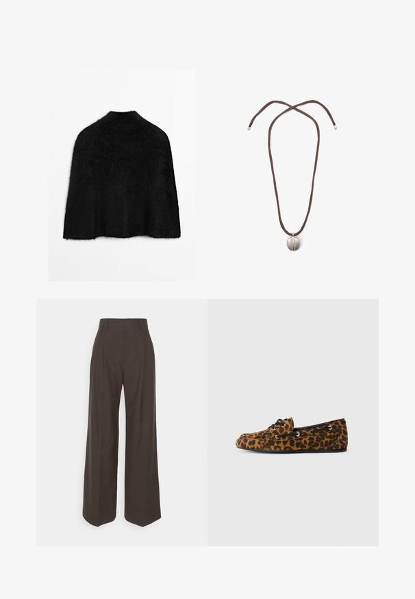 Zwarte fuzzy lange mouw trui met hoge hals, plat weergegeven tegen een witte achtergrond.; Donkerbruine wijde broek met een hoge taille, voorzien van strak geplooide plooien, een zachte textuur en een op maat gemaakte pasvorm.; Luipaardprint instappers met een zachte textuur, ronde vorm, zwarte veters en gouden metalen oogjes, voorzien van een vlakke rubberen zool.; Halsketting met een bruine koord en een zilveren ovale hanger. De hanger heeft een glad oppervlak en een lichte indeuking in het midden.