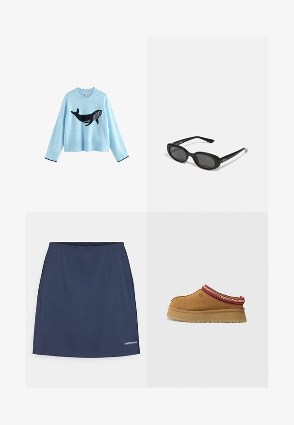 Suéter azul claro con un gráfico de ballena, hecho de un material suave. Presenta puños y bajo acanalados con detalles en color marino. Diseño recortado, de manga larga.; Falda deportiva azul marino hecha de un tejido suave y ligero. Presenta una cinturilla elástica y un logo blanco en la parte inferior derecha.; Zapato de ante marrón sin cordones con ribete decorativo rojo y crema, suela texturizada y logo de UGG en el lateral. Presenta una ligera altura de plataforma.; Gafas de sol negras con lentes ovalados, marco de plástico brillante y brazos delgados. Presenta el logotipo de Ray-Ban en blanco en el lateral.
