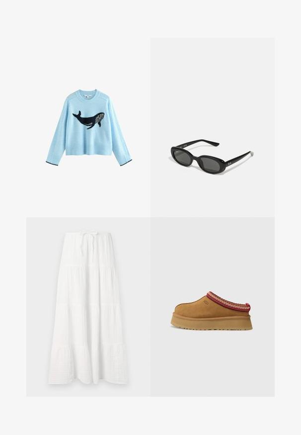 Maglione azzurro chiaro con grafica di una balena, realizzato in materiale morbido. Presenta polsini e orlo a coste con dettagli in blu navy. Design cropped, maniche lunghe.; Lunga gonna bianca realizzata in tessuto texturizzato, con strati orizzontali e una cintura regolabile in vita per una vestibilità perfetta. Design morbido e fluente.; Scarpa slip-on in suede marrone con bordi a motivo rosso e crema, suola testurizzata e logo UGG di lato. Presenta un leggero rialzo della suola.; Occhiali da sole neri con lenti ovali, montatura in plastica lucida e stecche sottili. Presentano il logo Ray-Ban in bianco sul lato.