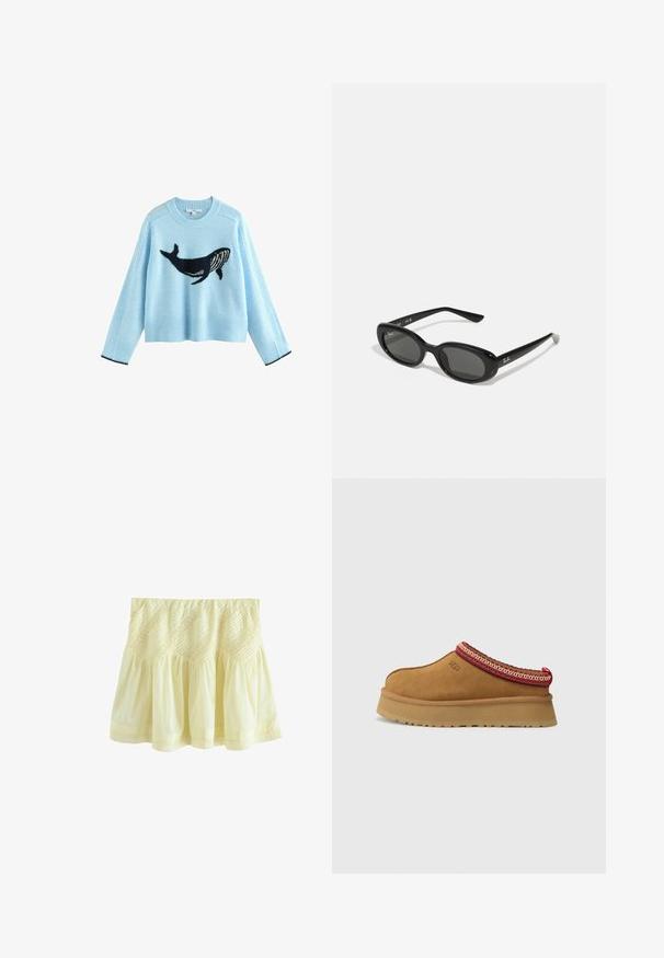 Svetlo modrý sveter s grafikou velryby, vyrobený z mäkkého materiálu. Má rebrované manžety a lem s námorníckymi akcentmi. Krátky strih, dlhé rukávy.; Žltá, vrstvená sukňa vyrobená z ľahkej tkaniny. Má zberanú textúru a dekoratívne prešívanie pozdĺž pásu a spodného lemu.; Hnedá semišová obuv na slip-on s červeným a krémovým vzorovaným lemovaním, textúrovanou podrážkou a logom UGG na boku. Obsahuje mierne zvýšenú platformu.; Čierne slnečné okuliare s oválnymi šošovkami, lesklý plastový rám a štíhle ramienka. Na boku majú biele logo Ray-Ban.; Červený šál s bielymi bodkami a vzorovaným okrajom. Vyrobený z ľahkého materiálu, s viazaným dizajnom a špicatými koncami.