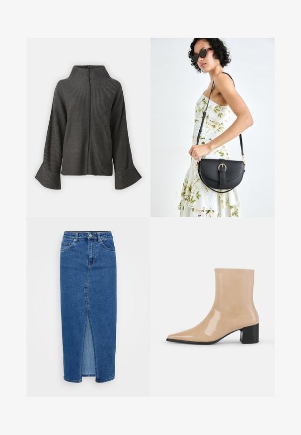 VILA VIVIGGA CONTRAST - Pulóver - dark grey/black; Kék farmer midi szoknya elől hasítékkal. Öt zsebével, gombos záródásával és övbújtatóival rendelkezik. Sima textúrája és klasszikus dizájnja van.; Beige lakkbőr bokacsizma hegyes orral és vastag fekete sarkall. Simaság és elegancia jellemzi, minimalista dizájnnal.; Fekete bőrtáska ívelt formával, levehető pánttal és arany színű fémrészekkel. A táskán egy csattal díszített fedél található.
