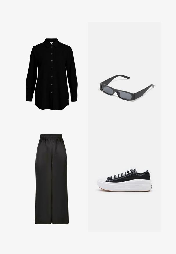 Mustan lühikese lõikega kudumisest valmistatud sviiter, millel on avar dekoltee ja pikad varrukad, ning millel on üle kogu pinna tekstuuriga ribakujundus.; Musthave musta pikemate varrukatega särk, nupuga eesmine, klassikalise kraega ning pehme kangastektsiooniga. Üksikasjade hulka kuuluvad peened kootud detailid ja kitsad mansetid.; Mustad laiad püksid, mis on valmistatud siledast, läikivast kangast, millel on elastne vöökoht ja ilma nähtavate taskute või riistvara detailideta.; Mustad mustad kingad valgete paeltega, valge kummist varbakattega ja paksu valge vaheosaga. Omab diskreetset valget õmblust ja kummi talla.; Mustad ristkülikukujulised prillid tumepruunide objektiividega ja paksude mattmustade raamidega. Raamide varred on veidi kitsenenud ja neil on sile tekstuur.