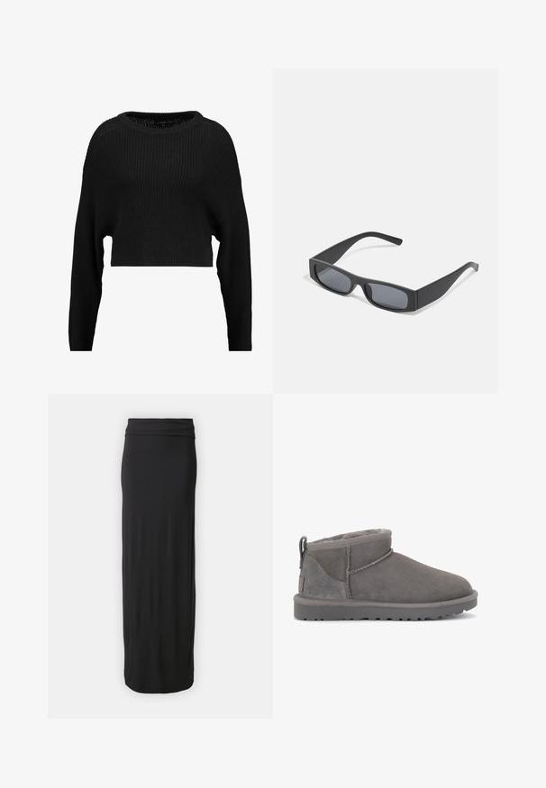 Pulover tricotat negru, scurt, cu o croială lejeră, decolteu larg și mâneci lungi, cu un model texturat cu nervuri pe întreaga suprafață.; Fustă lungă, de culoare neagră, realizată dintr-un material moale și elastic, cu un brâu ajustat. Design simplu și neted, fără modele sau decorațiuni.; Botine gri din suede, cu o căptușeală interioară moale, cusături minimale și o talpă din cauciuc modelată. Au un tab pentru tras la spate.; Ochelari de soare negri, cu lentile întunecate și rame groase mate. Brațele sunt ușor conice, cu o textură netedă.