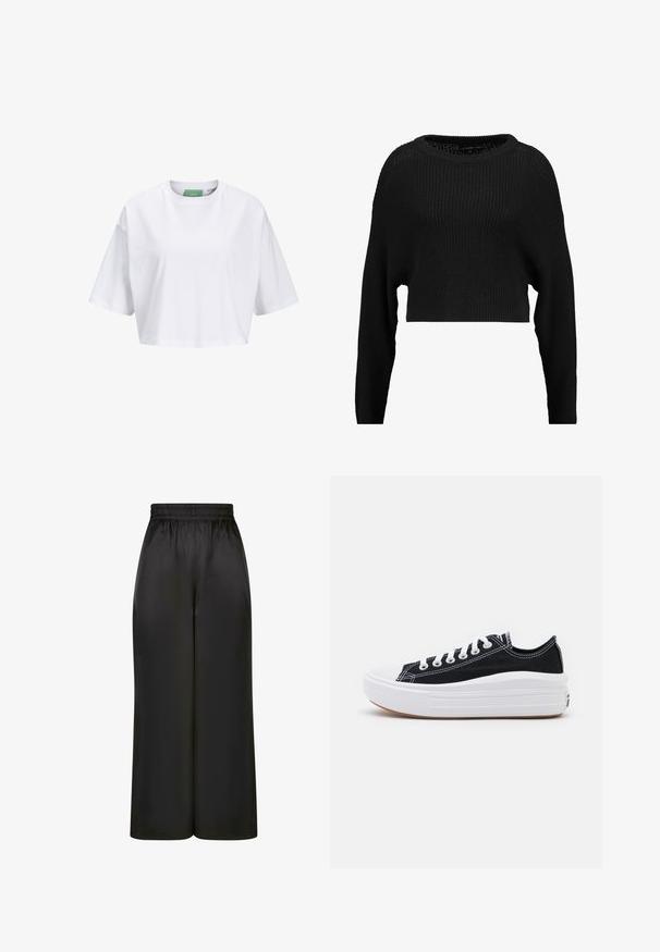 Black cropped knit sweater with a loose fit, wide neckline, and long sleeves, featuring a textured ribbed pattern throughout.; White cropped t-shirt made of cotton, featuring short sleeves and a round neck. Green label inside with brand name visible.; Black wide-leg pants made of smooth, shiny fabric with an elastic waistband and no visible pockets or hardware details.; Black canvas sneakers with white laces, white rubber toe cap, and a chunky white midsole. Features subtle white stitching and a gum sole.
