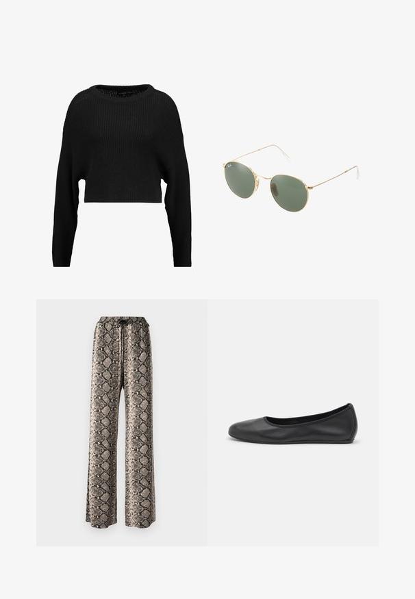 Mustan lühikese lõikega kudumisest valmistatud sviiter, millel on avar dekoltee ja pikad varrukad, ning millel on üle kogu pinna tekstuuriga ribakujundus.; Laiad püksid, millel on maokirjaga muster, joonisega vöökoht, valmistatud heleda kangaga beeži, musta ja pruunika tooniga.; Musthave mustika tantsutossud mustast nahast, ümmarguse varbaga, siledast tekstuurist, minimaalse õmblusdetailiga ja paindliku tallakujundusega.; Kuldne metallraamiga prillid roheliste läätsedega, ümmargune kuju, peened käepidemed ja valged plastaktsendid käeotstes.; Musta kott, mis on valmistatud tekstureeritud nahast ja omab ümarat kuju. Sellel on õhuke õlarihm ja dekoratiivsed reljeefmustrit.