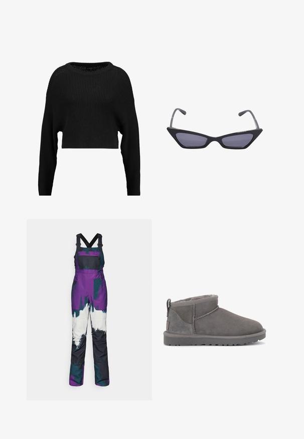 Suéter de punto negro recortado con un corte holgado, escote amplio y mangas largas, que presenta un patrón de canalé texturizado en toda su superficie.; Pantalones de nieve morados y turquesas con correas negras ajustables, que cuentan con un bolsillo en el pecho, bloques de color audaces y un diseño resistente al agua.; Botines de ante gris con un suave forro interior, costuras mínimas y una suela de goma moldeada. Presenta una trabilla en la parte posterior.; Gafas de sol negras angulares con lentes ahumados grises, que presentan bordes afilados y patillas delgadas. El diseño incluye un acabado brillante.
