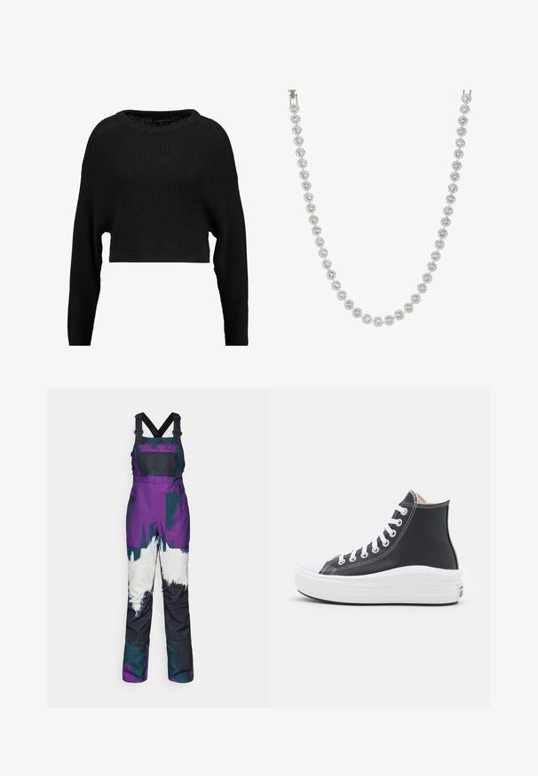 Black cropped knit sweater with a loose fit, wide neckline, and long sleeves, featuring a textured ribbed pattern throughout.; Purple and teal snow overalls with adjustable black straps, featuring a chest pocket, bold color blocks, and a water-resistant design.; Black high-top sneaker with white laces and rubber sole. Features a smooth leather texture and white stitching accents.; Silver necklace featuring round, clear gemstones set in a circular design, alternating with decorative metal accents, smooth texture.