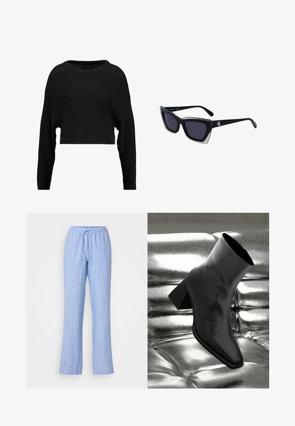 Melna īsa adīta džemperis ar brīvu piegriezumu, plata kakla izgriezuma un garām piedurknēm, ar teksturētu ribu rakstu visā virsmā.; Samsøe Samsøe HOYS STRING TROUSERS - Auduma bikses - mid blue; Melnas potītes kurpes, izgatavotas no spīdīga materiāla, ar kvadrātveida purngalu un konusveida papēdi, novietotas uz spīdīga sudraba izšūta fona.; Melni pārmēru saulesbrilles ar ģeometrisku formu, kas aprīkotas ar tumšiem stikliem un kontrastējošu pelēku akcentu uz rāmja. Logo uz kājas.; Sudraba metāla auskari ar gludu, asarveida formu un pulētu apdari. Smalkas gravējumi pievieno detalizāciju. Minimālisma dizains.