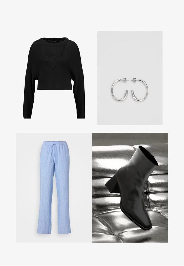 Mustan lühikese lõikega kudumisest valmistatud sviiter, millel on avar dekoltee ja pikad varrukad, ning millel on üle kogu pinna tekstuuriga ribakujundus.; Samsøe Samsøe HOYS STRING TROUSERS - Püksid - mid blue; Must musta narmand, läikiva materjali ja ruudukujulise varbaga ning kitseneva kontsaga, paigutatud läikiva hõbedaselt tuftitud tausta ette.; Hõbedased rõngaskõrvarõngad, millel on sile ja läikiv pind. Ümar kuju, kerge disain, millel on post-tagumise kinnituse süsteem.