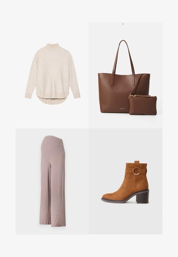 Beige neulepusero, jossa on rento istuvuus, ribattuja hihansuita ja kaareva helma. Teksturoitu pinta, jossa on pehmeä ilme.; Vaaleanpunaiset, kammatut leveälahkeiset housut ilman saumoja vyötäröllä, joissa on pehmeä, tekstuurinen kangas ja rento siluetti.; Ruske rantasaappaat, joissa on pyöreä varvas, vahva korko ja koristeellinen hihna, jossa on pyöreä solkiyksityiskohta.; Ruskea tekonahkainen olkalaukku, jossa on kaksi pitkää kahvaa ja yhteensopiva pieni pussi. Pinnassa on teksturoitu kuvio ja kultaiset yksityiskohdat.