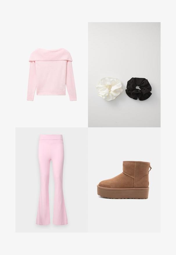 Ljusrosa stickad tröja med off-shoulder ribbad krage, långa ärmar och en tight nederkant. Mjuk textur genom hela tröjan.; Gina Tricot SOFT TOUCH FOLDED TROUSERS - Tygbyxor - pink lady; Tan mockasköna med plattformssula, rund tå och broderade detaljer; har en dragflik baktill för enkel påtagning.; Två satin scrunchies, en svart och en vit, med en rynkig design och slät textur, som visas mot en enkel vit bakgrund.