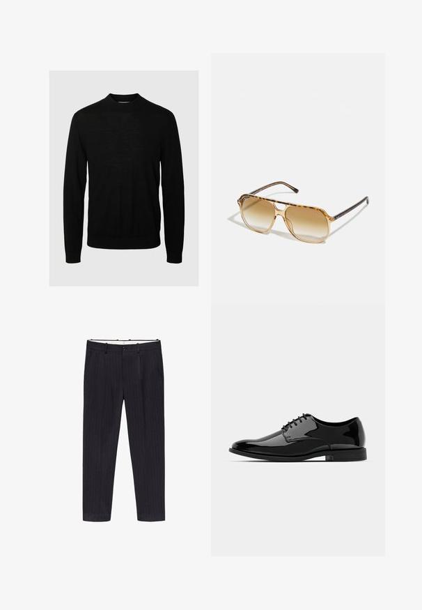 Mustapaita, jossa on pitkät hihat ja pyöreä kaula-aukko; valmistettu kevyestä kankaasta, jossa on sileä pinta ja yksinkertainen, minimalistinen muotoilu.; Mango Puvunhousut - royal blue; Musta patentoitu mokkanahkakengät pyöreällä varpalla, nauhakuormausmalli ja sileä, kiiltävä pinta. Varustettu matalaprofiilisella kumipohjalla.; Kilpikonnakuosis aurinkolasit, joissa on suorakulmainen kehys, ruskeat liukuvärit linssit ja tyylikkäät mustat sivupäät, joissa on hienovaraiset logo-yksityiskohdat.